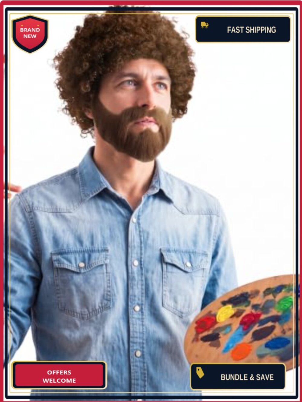 80s Painter Costume Set Curly Afro Wig Beard Palette 3 Brushes Cosplay